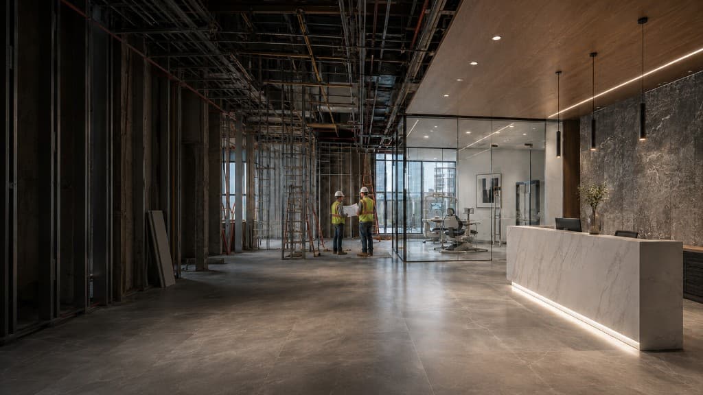 Completed commercial interior with architectural overlay